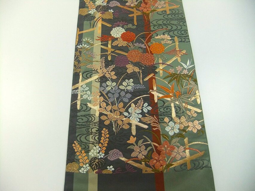 16)2439】約31×61cm/流水花草文様/テーブルセンター/和風/帯リメイク