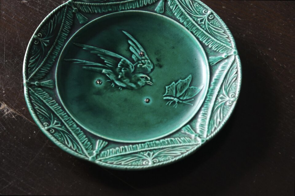 窯不明 バルボティーヌ 鳥と蝶 平皿 φ21.2cm フランス アンティーク