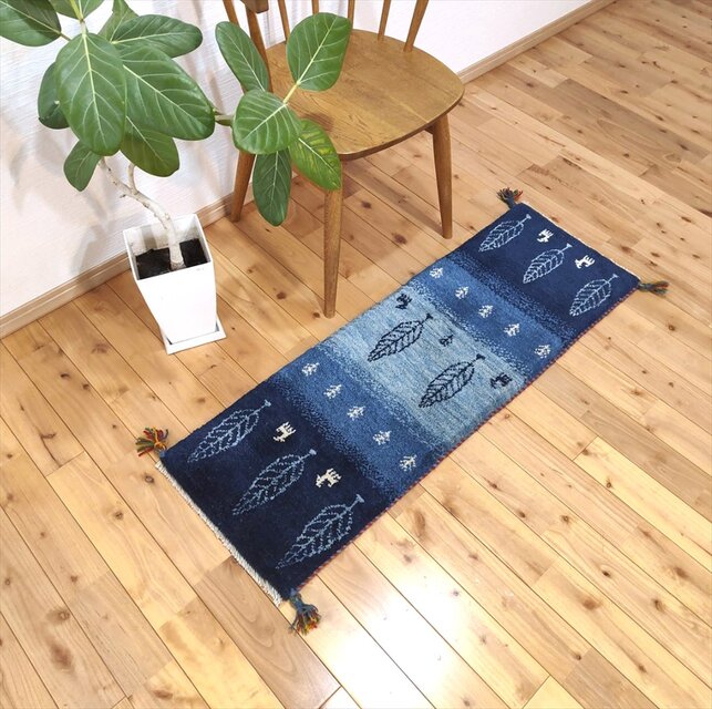 ペルシャ ギャッベ ミニランナー118x40cm 藍色 青色 水色 糸杉 生命の