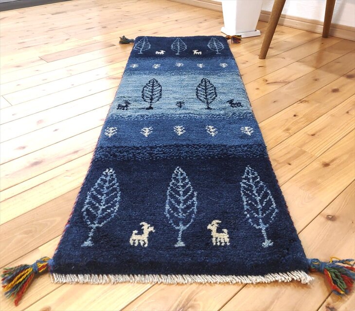 ペルシャ ギャッベ ミニランナー118x40cm 藍色 青色 水色 糸杉 生命の