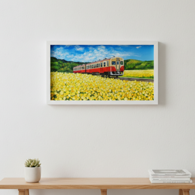 油彩画「石神の菜の花畑とキハ200形」－小湊鐵道の春の情景－ | iichi
