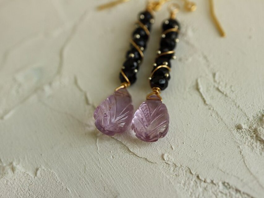 2月誕生石＊アメジスト＊リーフ＊サージカルステンレスピアス＊no.740