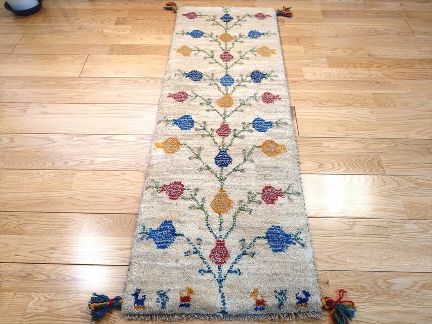 ペルシャ ギャッベ ミニランナー ラグ 120x42cm グレー 色とりどりの