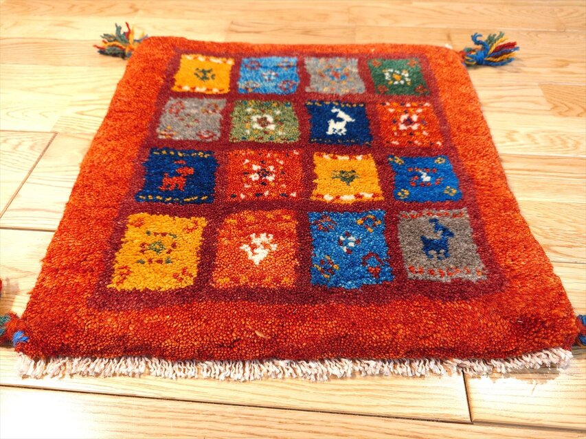 ペルシャ ギャッベ ミニマット 40x40cm 茜色 カラフルなパネル タイル