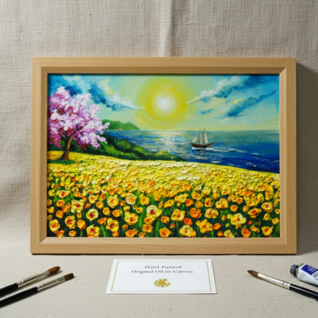 油絵【春の息吹と海の輝き】海 風景画 絵画 原画 | iichi 日々の暮らし