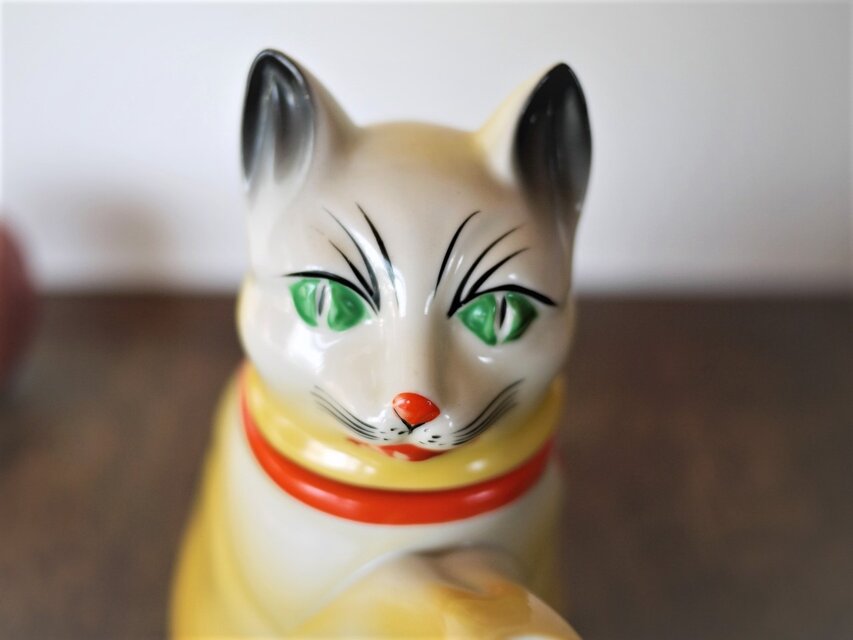 黄色ネコ型ティーポット 陶磁器フィギュリン ドイツ ミッド
