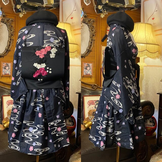夏着物 ミニ丈 ワンピース ドレス 和ロリ 2部式作り帯 名古屋帯 お太鼓