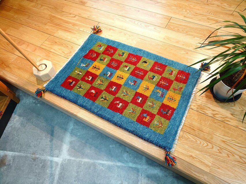 ペルシャ ギャッベ 玄関マット ラグ 78x58cm 青色 パネル柄 生命の木