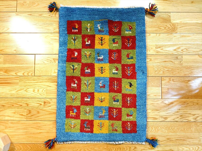ペルシャ ギャッベ 玄関マット ラグ 78x58cm 青色 パネル柄 生命の木
