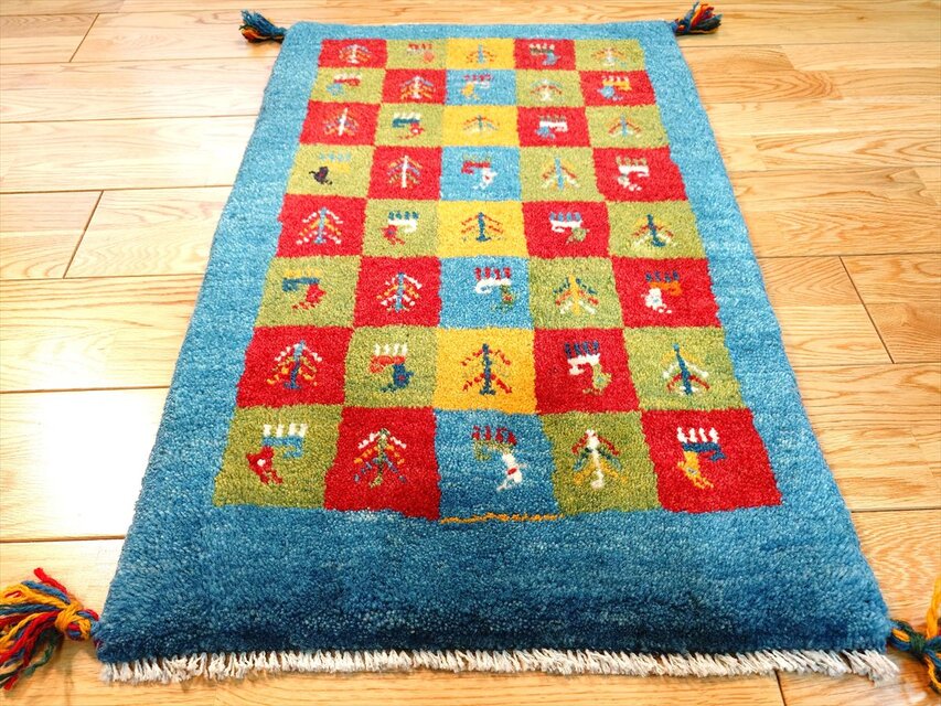 ペルシャ ギャッベ 玄関マット ラグ 78x58cm 青色 パネル柄 生命の木