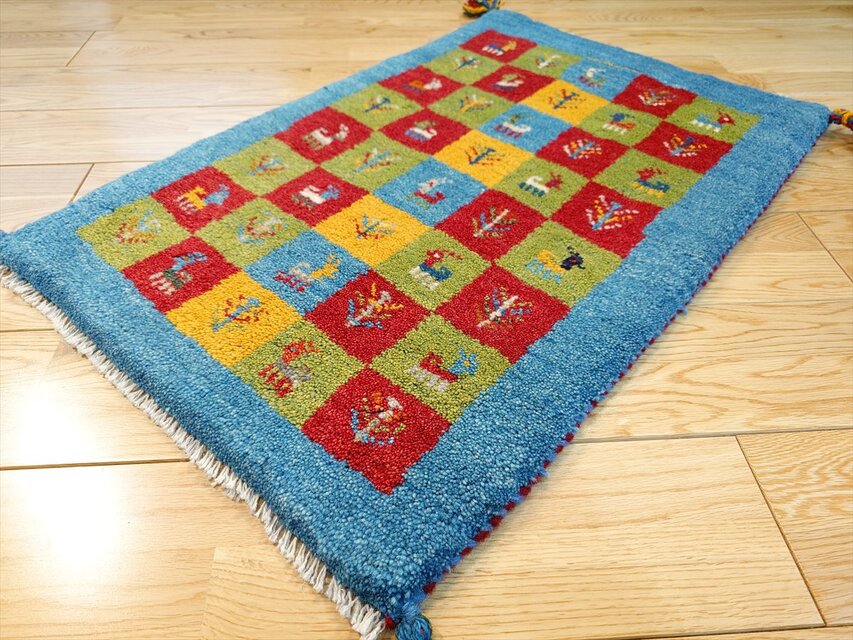 ペルシャ ギャッベ 玄関マット ラグ 78x58cm 青色 パネル柄 生命の木