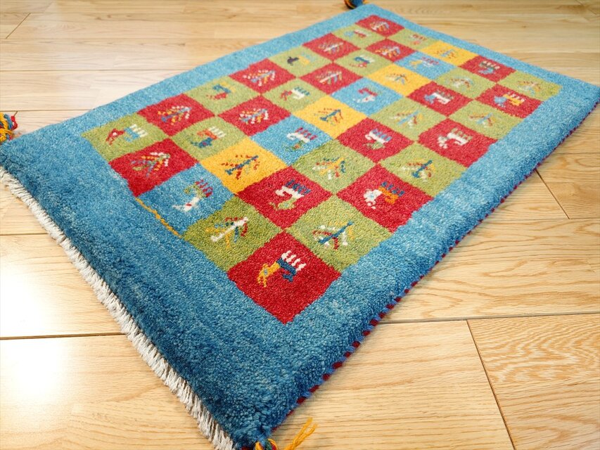 ペルシャ ギャッベ 玄関マット ラグ 78x58cm 青色 パネル柄 生命の木