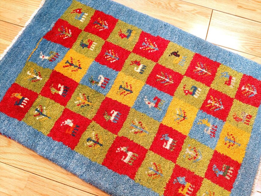 ペルシャ ギャッベ 玄関マット ラグ 78x58cm 青色 パネル柄 生命の木