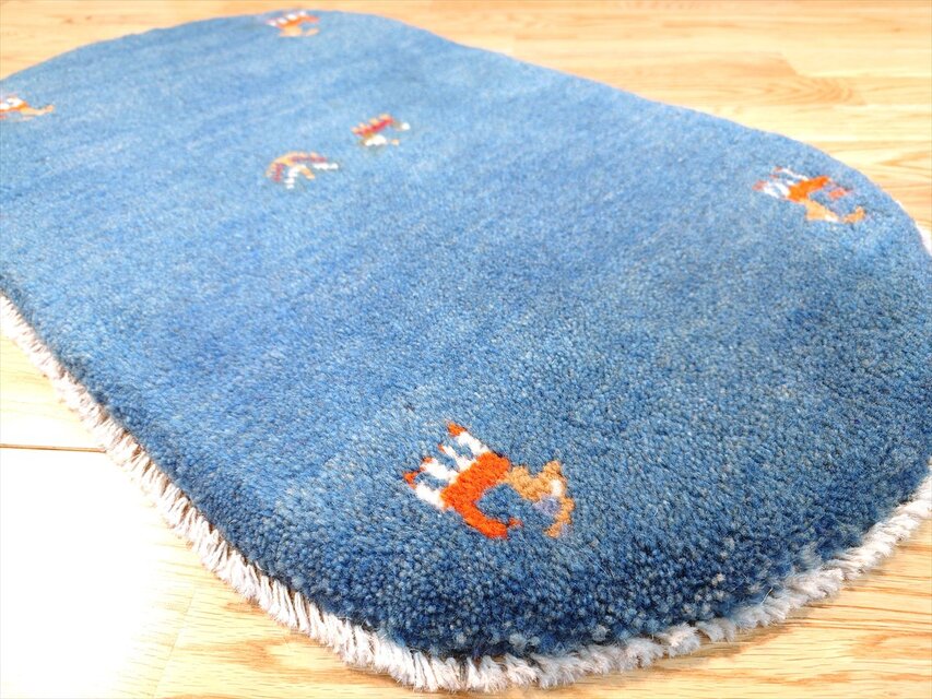 ペルシャ ギャッベ 玄関マット ラグ 80Φ46cm 楕円形 小判型 青色 ヤギ