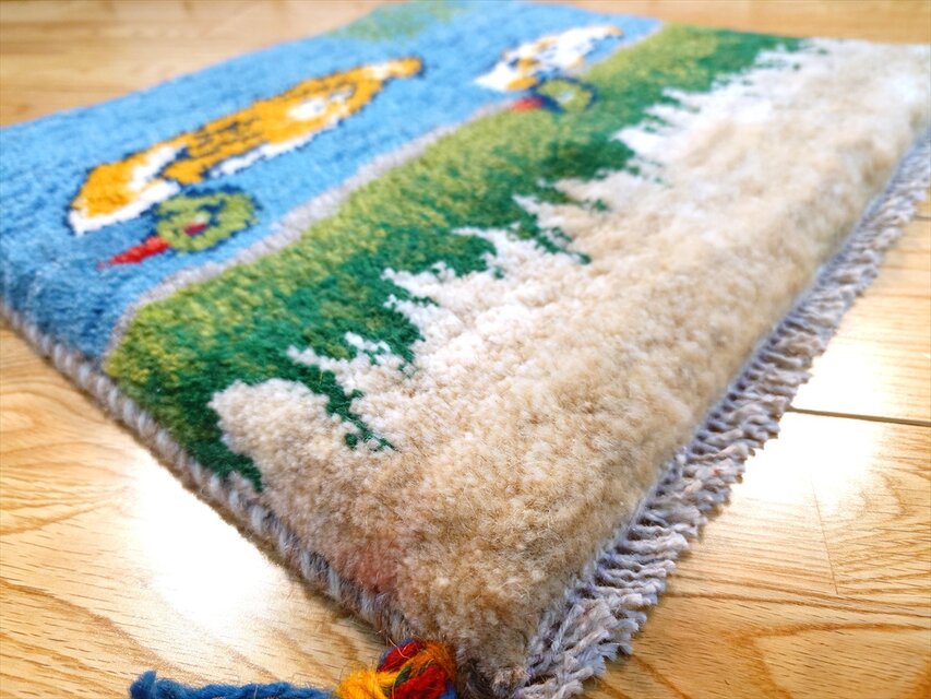 ペルシャ ギャッベ ミニマット ラグ 横43x39cm 風景 池で泳ぐカモ