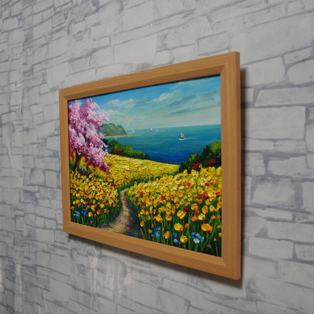 絵画　油絵　原画　一点物　花　ポップ　ブルー　　アート　インテリア　SM 油絵 原画『空と雲のネモフィラ』風景画 花の絵 青空 青い花 一点物