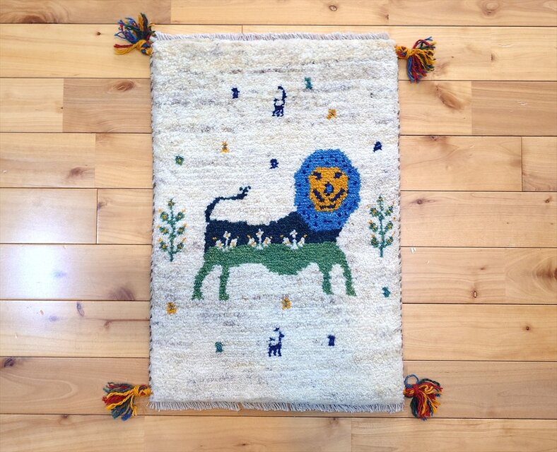 ペルシャ ギャッベ 玄関マット小 ラグ 58x40cm ライオン 生命の木