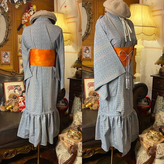 【Lily】婦人服昭和レトロパターン2ケセット！ワンピースほか 単衣着物 2way ガウン 羽織り ドレス ワンピース 和洋折衷 洗える 化繊