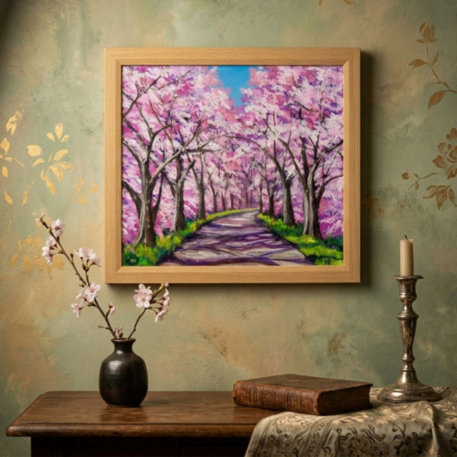 油彩画「桜の小道：春の記憶」桜の風景 油絵 原画 | iichi 日々の