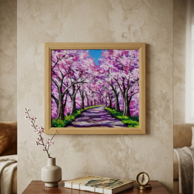 油彩画「桜の小道：春の記憶」桜の風景 油絵 原画 | iichi 日々の