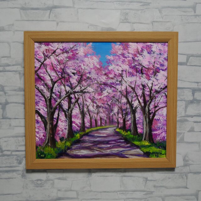油彩画「桜の小道：春の記憶」桜の風景 油絵 原画 | iichi 日々の