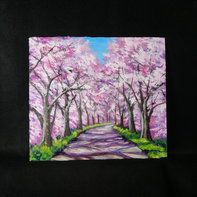 油彩画「桜の小道：春の記憶」桜の風景 油絵 原画 | iichi 日々の