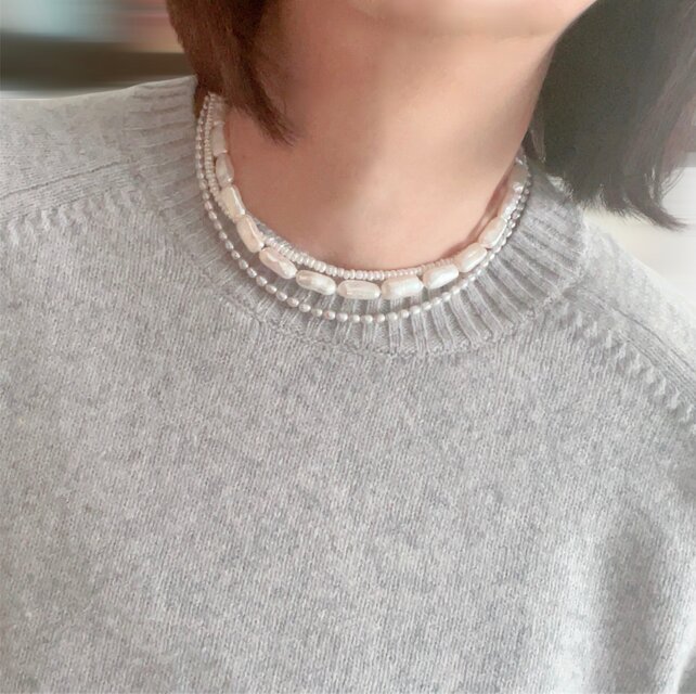 2連ロングネックレス silver イミテーションパール ケシパール風 ケシパールとライスパール 2連にできる 細身ロングネックレス バイ