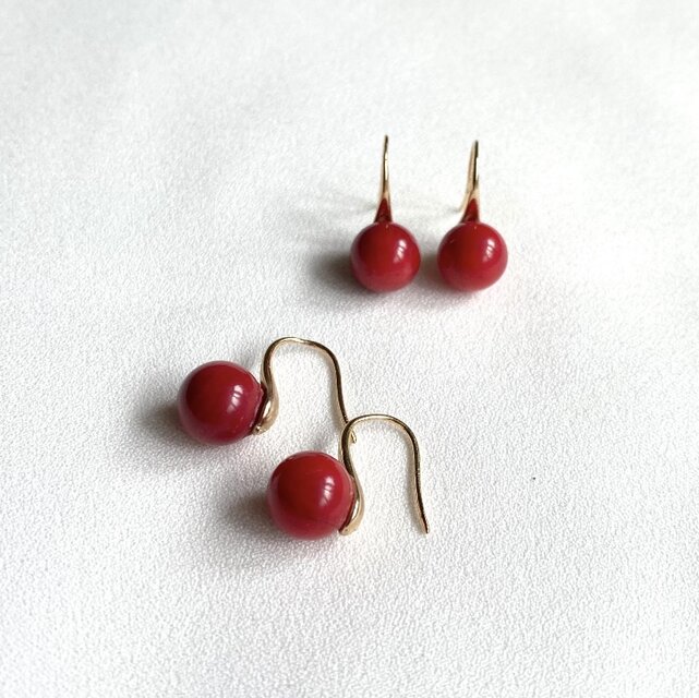 ABERTINO※ レッド コーラル 赤珊瑚 一粒 ゴールドフック ピアス