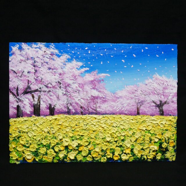 紫と黄色の花の油彩画 春を呼ぶ油彩画「生命の輝きと春の風」 一点物 インテリアアート