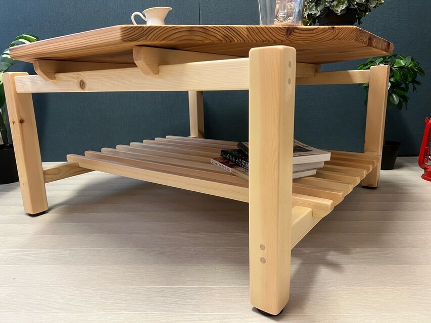 送料無料】 ローテーブル 8角 木組やぐらベース 90cm 杉 格子棚付き ロー