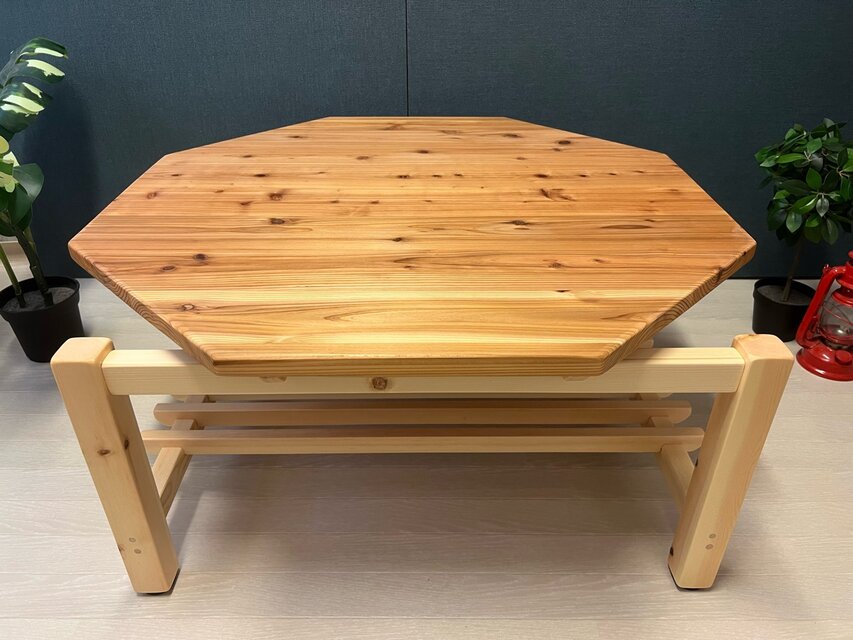 送料無料】 ローテーブル 8角 木組やぐらベース 90cm 杉 格子棚付き