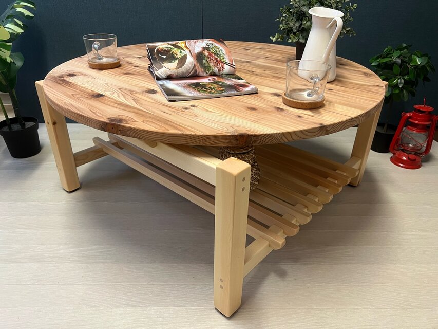 送料無料】 ローテーブル 丸 木組やぐらベース 90cm 杉 ナチュラル