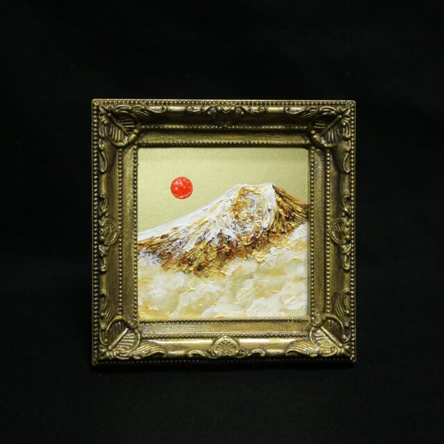 黄金に輝く富士山｜油絵ミニ絵画｜開運・金運アップの縁起物プチアート