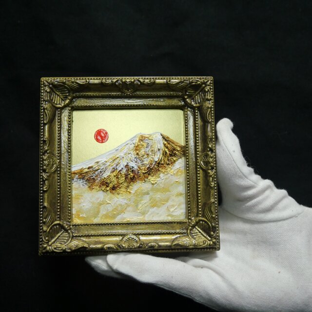黄金に輝く富士山｜油絵ミニ絵画｜開運・金運アップの縁起物プチアート