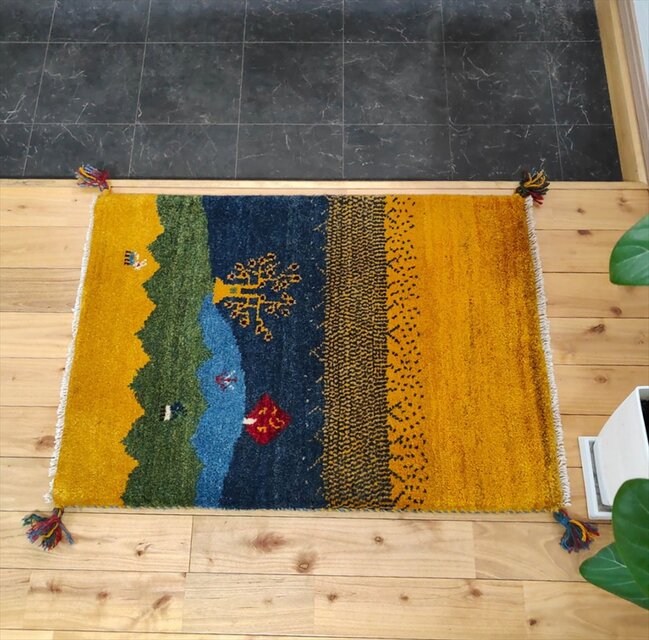 ペルシャ ギャッベ 玄関マット ラグ 85x62cm 黄金色 風景 生命の木
