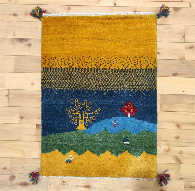 ギャッベ　ラグ　玄関マット ペルシャ ギャッベ 玄関マット ラグ 85x62cm 黄金色 風景 生命の木