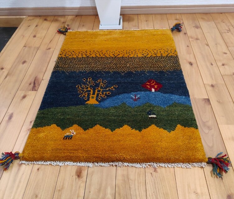 ペルシャ ギャッベ 玄関マット ラグ 85x62cm 黄金色 風景 生命の木