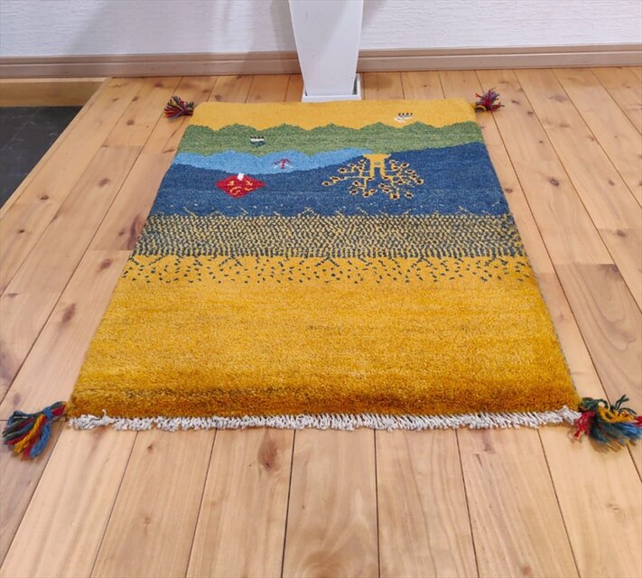 ペルシャ ギャッベ 玄関マット ラグ 85x62cm 黄金色 風景 生命の木