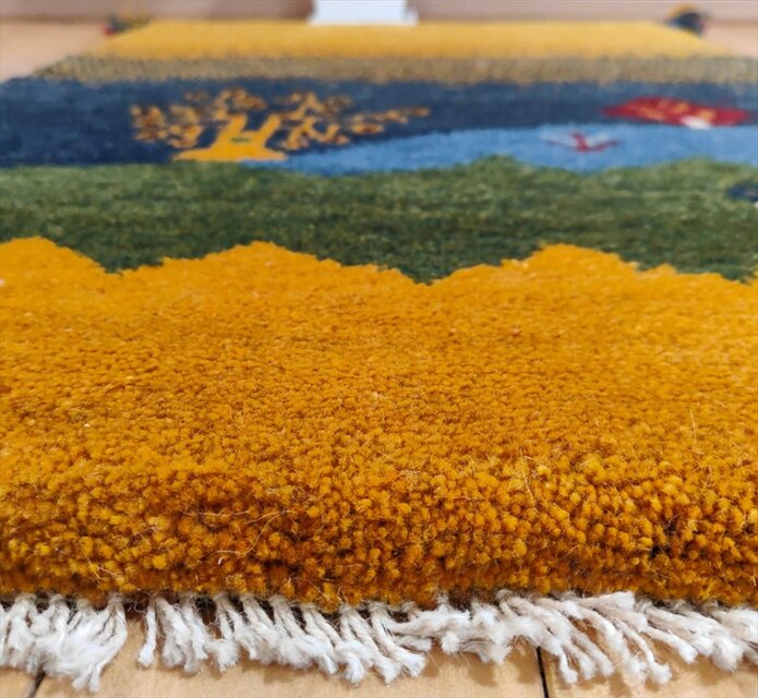 ペルシャ ギャッベ 玄関マット ラグ 85x62cm 黄金色 風景 生命の木