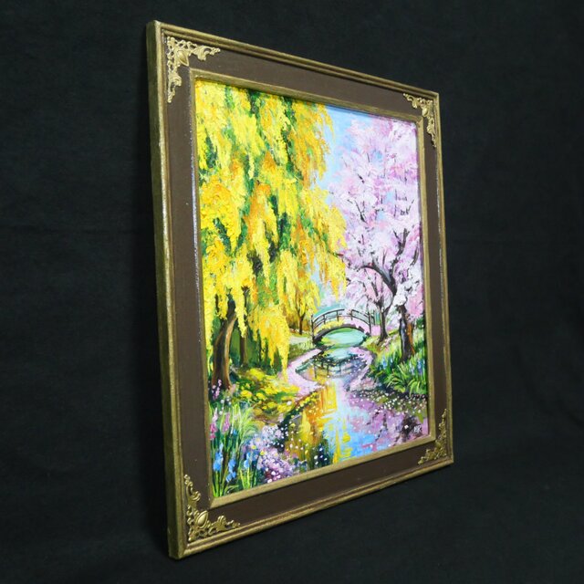 油彩画 原画 「陽だまりの庭園 〜桜とミモザの咲く日〜」 桜とミモザの