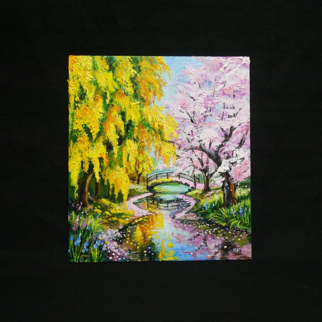油彩画 原画 「陽だまりの庭園 〜桜とミモザの咲く日〜」 桜とミモザの