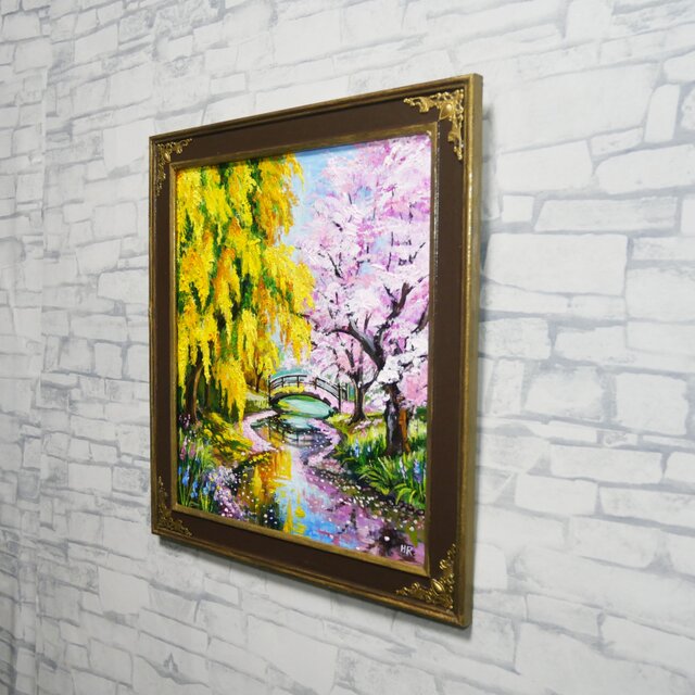 油彩画 原画 「陽だまりの庭園 〜桜とミモザの咲く日〜」 桜とミモザの