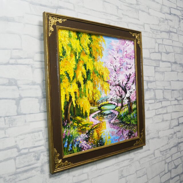 油彩画 原画 「陽だまりの庭園 〜桜とミモザの咲く日〜」 桜とミモザの