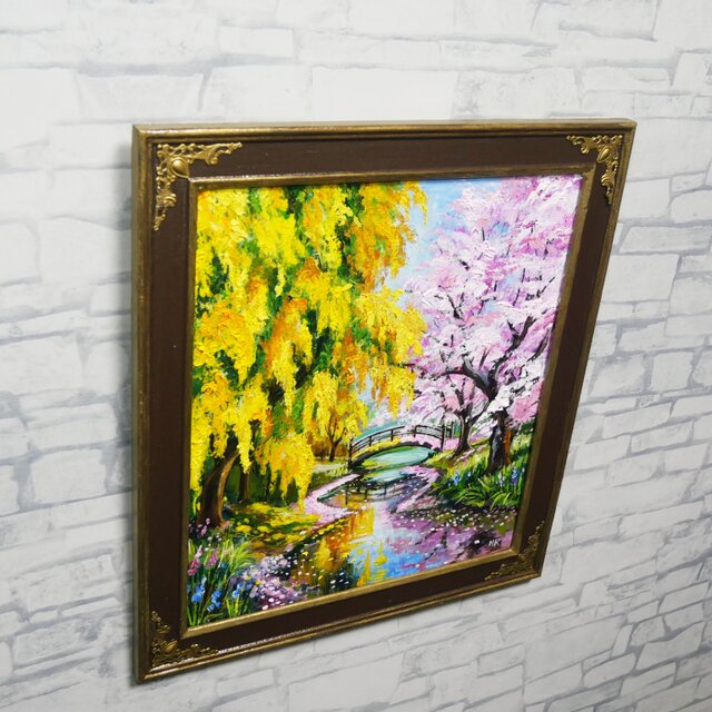 油彩画 原画 「陽だまりの庭園 〜桜とミモザの咲く日〜」 桜とミモザの