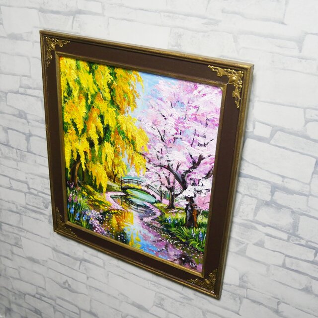 油彩画 原画 「陽だまりの庭園 〜桜とミモザの咲く日〜」 桜とミモザの