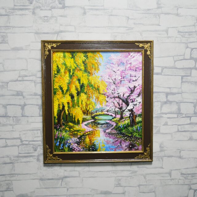 油彩画 原画 「陽だまりの庭園 〜桜とミモザの咲く日〜」 桜とミモザの