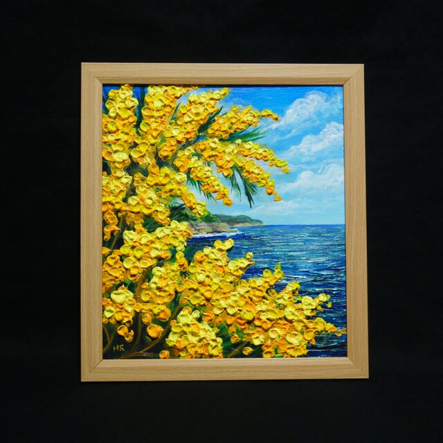 一点物】【心癒される春の景色 ～ミモザと青い海～】春の景色｜油絵