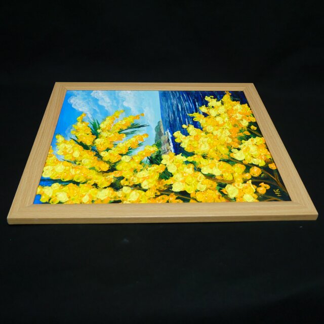 一点物】【心癒される春の景色 ～ミモザと青い海～】春の景色｜油絵