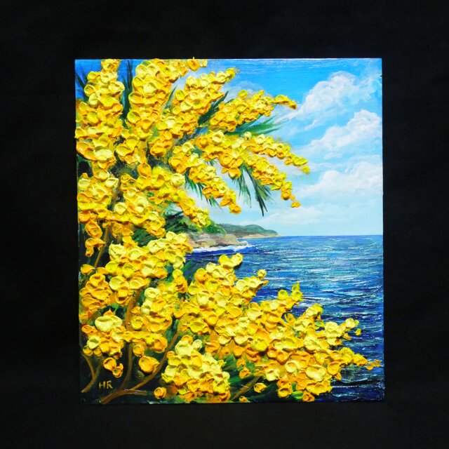 一点物】【心癒される春の景色 ～ミモザと青い海～】春の景色｜油絵