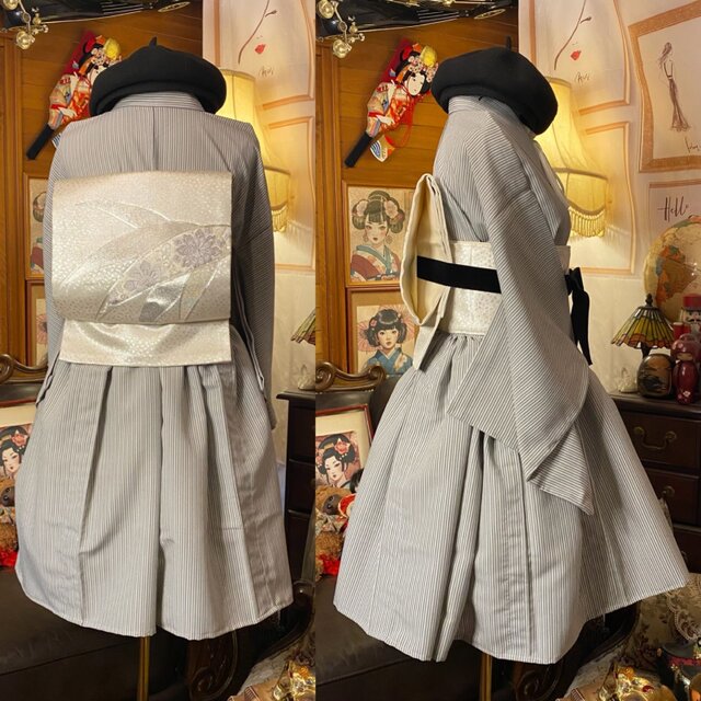 着物 ミニ丈 ワンピース ドレス 和ロリ 2部式作り帯 名古屋帯 お太鼓 
